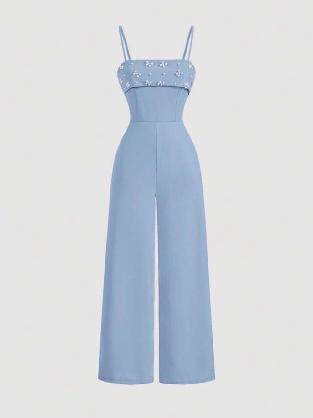 Light Blue Pearl Embellished Bust Wide-Leg Jumpsuit
